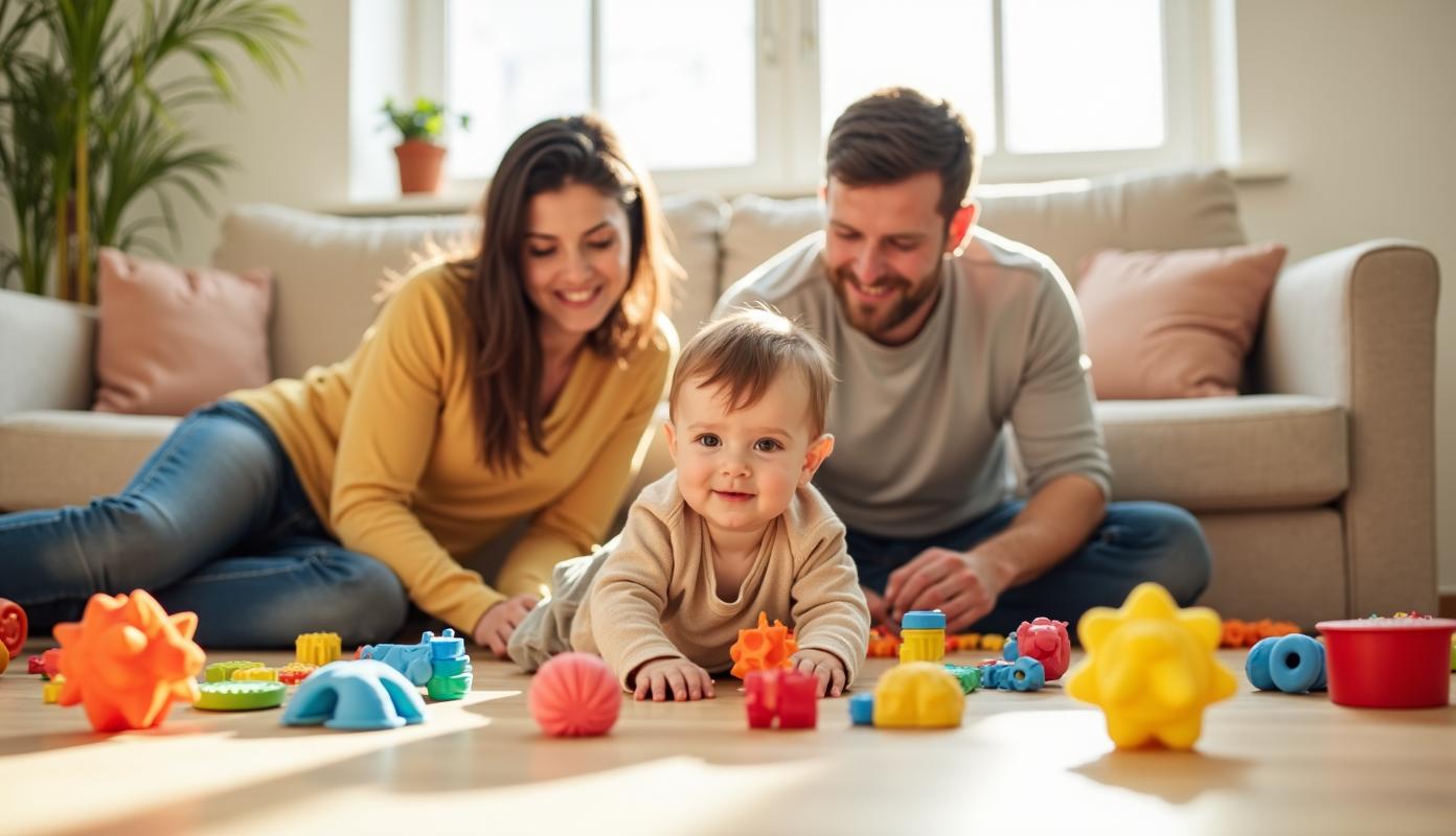 Glad familie leger med baby