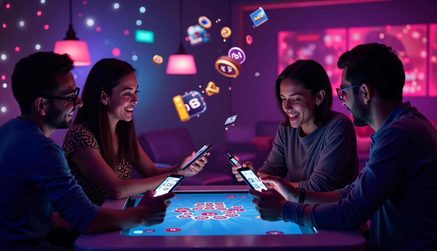 Komfortabel neon-oplyst gamerlounge med smartphones